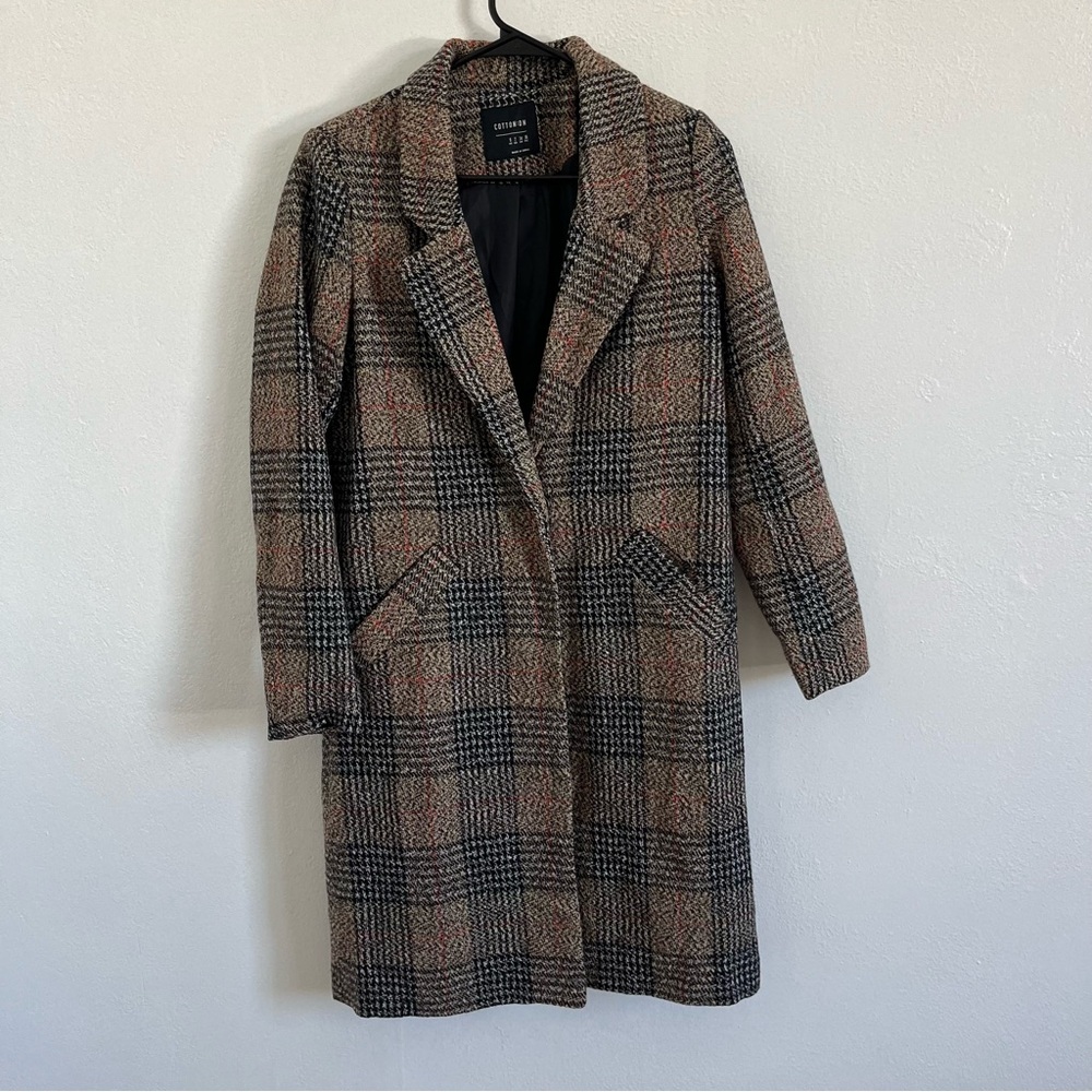 Cotton On Tan & Black Plaid Long Trench Coat